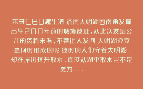 东哥CBD趣生活:济南大明湖西南角发掘出4200年前的城墙遗址,从此次发掘公开的资料来看,不禁让人发问:大明湖究竟是何时形成的呢?彼时的人们守着大明湖,却在岸边挖井取水,直接从湖中取水岂不是更为…