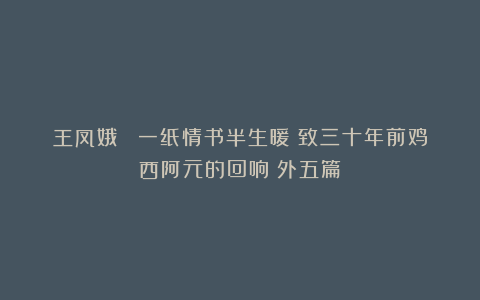 王凤娥 ：一纸情书半生暖：致三十年前鸡西阿元的回响（外五篇）