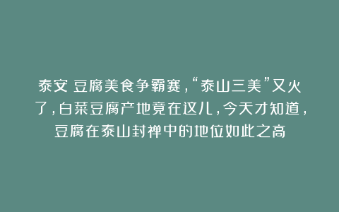 泰安：豆腐美食争霸赛，“泰山三美”又火了，白菜豆腐产地竟在这儿，今天才知道，豆腐在泰山封禅中的地位如此之高