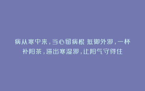 病从寒中来，当心留病根！抵御外邪，一杯补阳茶，逼出寒湿邪，让阳气守得住