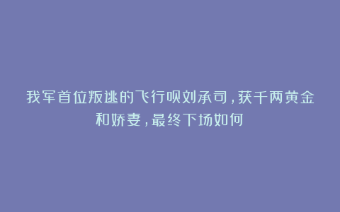 我军首位叛逃的飞行员刘承司，获千两黄金和娇妻，最终下场如何？