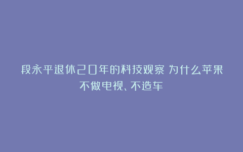 段永平退休20年的科技观察：为什么苹果不做电视、不造车？