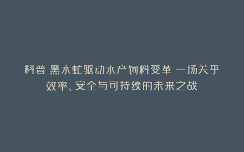 科普丨黑水虻驱动水产饲料变革：一场关乎效率、安全与可持续的未来之战