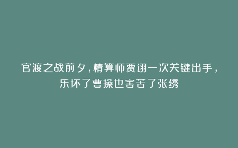 官渡之战前夕，精算师贾诩一次关键出手，乐坏了曹操也害苦了张绣
