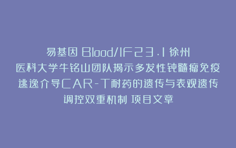易基因：Blood/IF23.1：徐州医科大学牛铭山团队揭示多发性骨髓瘤免疫逃逸介导CAR-T耐药的遗传与表观遗传调控双重机制｜项目文章