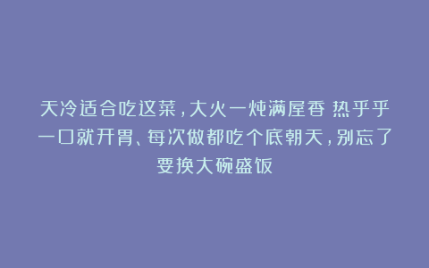 天冷适合吃这菜，大火一炖满屋香！热乎乎一口就开胃、每次做都吃个底朝天，别忘了要换大碗盛饭