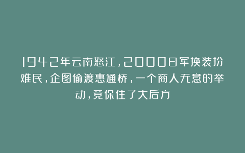1942年云南怒江，2000日军换装扮难民，企图偷渡惠通桥，一个商人无意的举动，竟保住了大后方