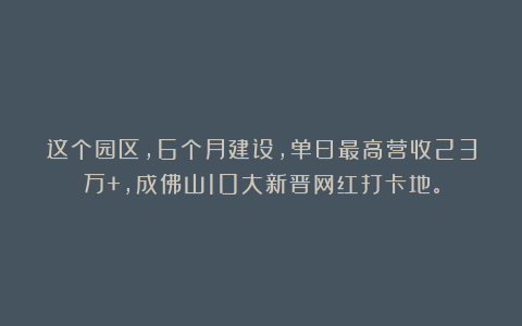这个园区,6个月建设,单日最高营收23万+,成佛山10大新晋网红打卡地。