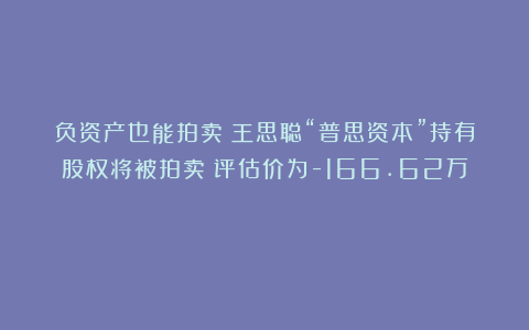 负资产也能拍卖？王思聪“普思资本”持有股权将被拍卖！评估价为-166.62万！