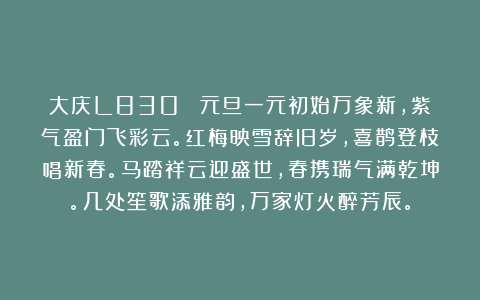 大庆L830： 元旦一元初始万象新，紫气盈门飞彩云。红梅映雪辞旧岁，喜鹊登枝唱新春。马踏祥云迎盛世，春携瑞气满乾坤。几处笙歌添雅韵，万家灯火醉芳辰。