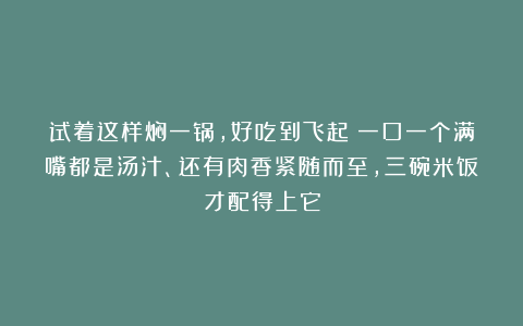 试着这样焖一锅，好吃到飞起！一口一个满嘴都是汤汁、还有肉香紧随而至，三碗米饭才配得上它