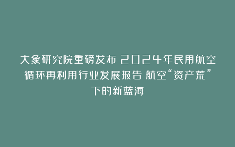 大象研究院重磅发布！2024年民用航空循环再利用行业发展报告：航空“资产荒”下的新蓝海