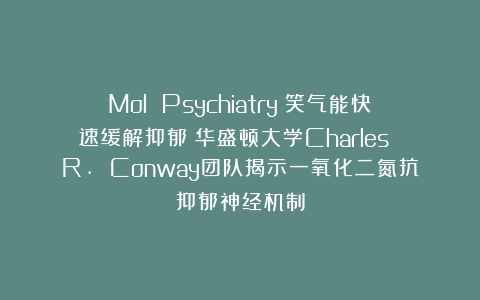 Mol Psychiatry：笑气能快速缓解抑郁？华盛顿大学Charles R. Conway团队揭示一氧化二氮抗抑郁神经机制
