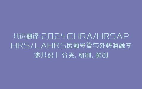 共识翻译｜2024EHRA/HRSAPHRS/LAHRS房颤导管与外科消融专家共识（1）：分类、机制、解剖