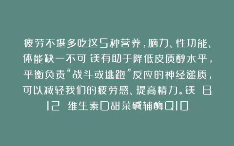 疲劳不堪多吃这5种营养，脑力、性功能、体能缺一不可！镁有助于降低皮质醇水平，平衡负责“战斗或逃跑”反应的神经递质，可以减轻我们的疲劳感、提高精力。镁 B12 维生素D甜菜碱辅酶Q10